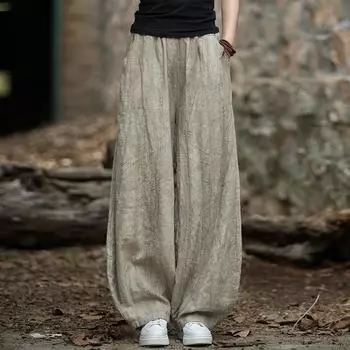 Летние хлопковые и льняные шаровары для медитации с эластичной резинкой на талии, свободные брюки большого размера, женские повседневные брюки XS жёлтый