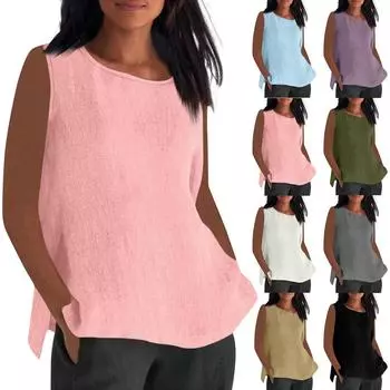 Летние хлопковые и льняные тонкие дышащие топы для женщин, свободные большие размеры, футболка с короткими рукавами и круглым вырезом, летняя блузка, одежда L чёрный