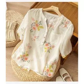 Летние хлопковые льняные блузки с принтом в стиле ретро, утягивающая рубашка с короткими рукавами для женщин M светло-синий