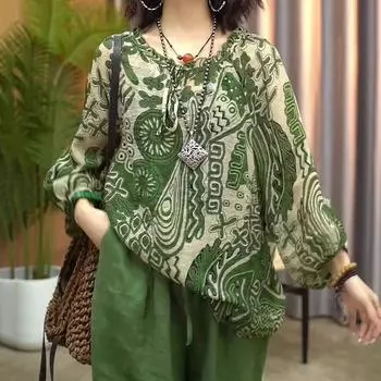 Летние хлопковые льняные блузки с ретро-артом и цветочным принтом, повседневные рубашки с короткими рукавами и круглым вырезом, топы, рубашки M зелёный