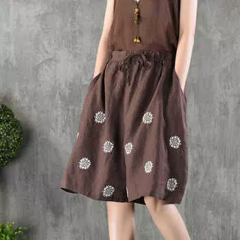 Летние хлопковые льняные брюки с винтажным принтом, женские свободные повседневные универсальные модные шорты со шнуровкой и широкими штанинами для женщин XXXL чёрный