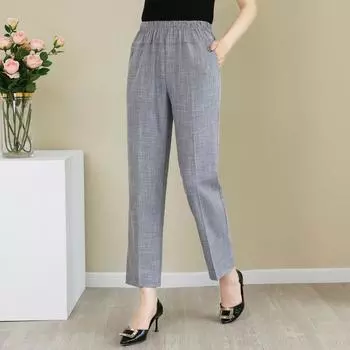 Летние хлопковые льняные брюки с высокой талией, женские базовые прямые брюки с эластичной резинкой на талии, большие размеры L белый