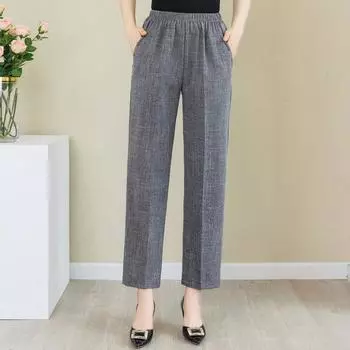 Летние хлопковые льняные брюки женские с эластичной резинкой на талии классические брюки больших размеров с высокой талией L белый
