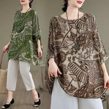 Летние хлопковые льняные художественные свободные принты повседневные футболки с круглым вырезом женские one size зелёный