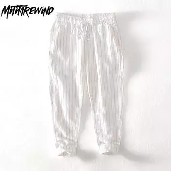 Летние хлопковые льняные мужские брюки, узкие брюки с эластичной талией и завязками на шнурке, повседневные дышащие модные полосатые мужские брюки M белый