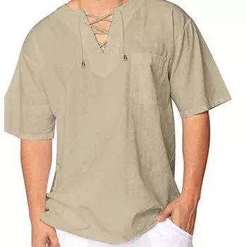 Летние хлопковые льняные мужские ретро с короткими рукавами на шнуровке свободные однотонные футболки XL хаки