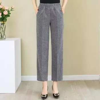 Летние хлопковые льняные прямые брюки женские классические брюки больших размеров с высокой талией L белый
