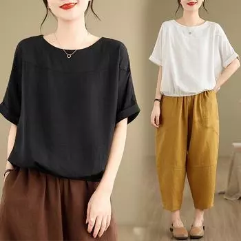 Летние хлопковые льняные ретро-футболки с круглым вырезом в китайском стиле с принтом «чай» для женщин M белый