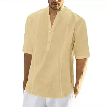Летние хлопковые льняные рубашки, мужские блузки, топы, однотонная повседневная футболка, свободные дышащие мужские рубашки с воротником-стойкой и короткими рукавами S армия зеленый
