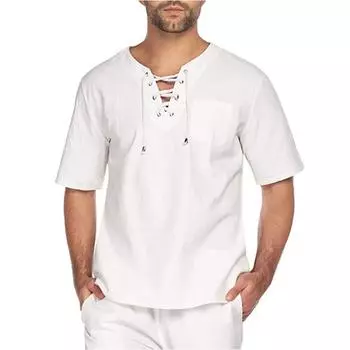 Летние хлопковые льняные рубашки мужские ретро топы с короткими рукавами на шнуровке свободные однотонные футболки 3XL белый