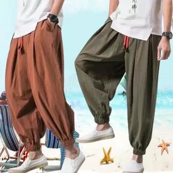 Летние хлопковые льняные шаровары мужские однотонные уличные мужские джоггеры спортивные мешковатые брюки повседневные пляжные брюки M чёрный
