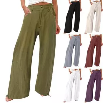 Летние хлопковые льняные широкие брюки, женские свободные брюки-палаццо, повседневные брюки с карманами и эластичной резинкой на талии, пуговицы XXL
