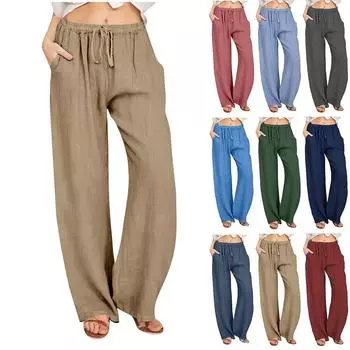 Летние хлопковые льняные широкие брюки, женские свободные брюки-палаццо, повседневные брюки с карманами и эластичной резинкой на талии, пуговицы XXL