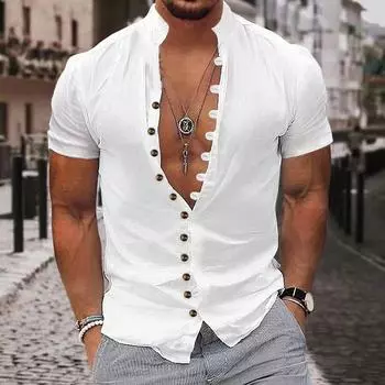 Летние хлопковые мужские однотонные пляжные повседневные рубашки в стиле ретро с воротником-стойкой и пуговицами, рубашка с коротким рукавом, белая, черная S чёрный