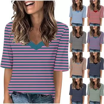 Летние хлопковые рубашки для женщин, модная полосатая блузка с v-образным вырезом, футболки, повседневные свободные топы с короткими рукавами, женские футболки больших размеров L чёрный