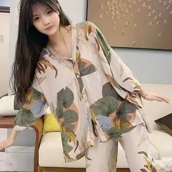 Летние хлопковые шелковые пижамы, женские брюки большого размера, комплект из двух предметов с рукавами 3/4 S