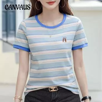 Летние хлопковые свободные футболки с короткими рукавами, женские топы в полоску S зелёный