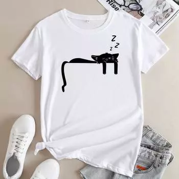 Летние хлопковые свободные повседневные футболки с принтом кота и круглым вырезом, большие короткие рукава, женские S белый