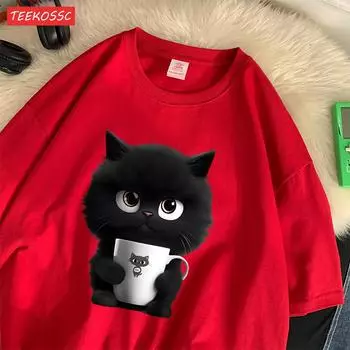 Летние хлопковые женские футболки с принтом котенка, держащего чашку, уличная одежда, дышащая, с круглым вырезом, свободная, повседневная уличная женская одежда S