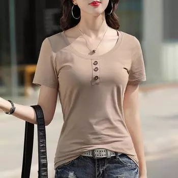 Летние хлопковые женские футболки с пуговицами и круглым вырезом, женские корейские элегантные свободные женские топы с короткими рукавами S белый