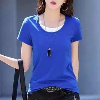 Летние хлопковые женские шелковые футболки с круглым вырезом и короткими рукавами, свободные прямые топы, простые повседневные футболки для минимализма XXXL синий