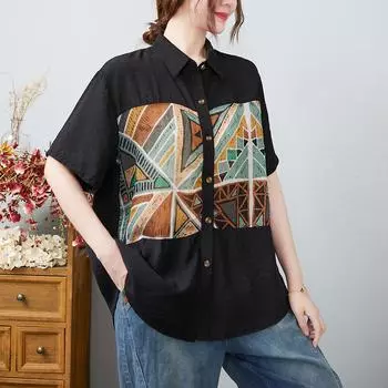 Летние художественные ретро-принтованные блузки и рубашки в стиле пэчворк, свободный повседневный кардиган с короткими рукавами, рубашка, топ для женщин L чёрный