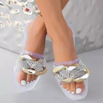 Летние и осенние модные новые однотонные пикантные удобные повседневные сандалии с круглым носком на плоской подошве и кристаллами, женские тапочки 36