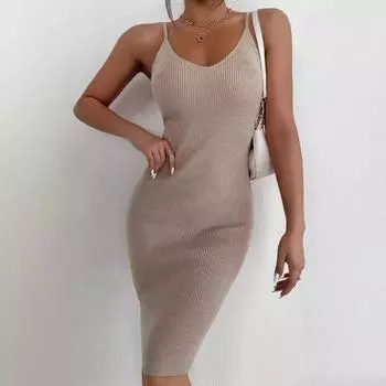 Летние и осенние сексуальные однотонные платья-хипстеры на бретельках S хаки