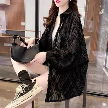 Летние и осенние тонкие свободные рубашки-кардиганы, жаккардовые куртки с длинными рукавами, повседневные рубашки в клетку с вырезами M чёрный