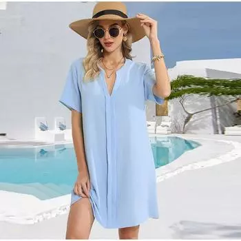 Летние и осенние женские блузки с V-образным вырезом и коротким рукавом, длинные, повседневные, однотонные, свободные, для пляжного отдыха M чёрный