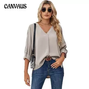 Летние и осенние женские шифоновые блузки, однотонные модные женские повседневные топы с v-образным вырезом и длинными рукавами S белый