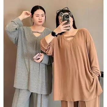 Летние и весенние женские свободные пижамы, однотонные, с длинными рукавами и V-образным вырезом, комплект из двух предметов, весенняя повседневная одежда для отдыха XXXL серый