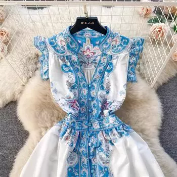 Летние каникулы, длинный халат с цветочным принтом пейсли, женские однобортные богемные пляжные макси-платья без рукавов с v-образным вырезом S синий