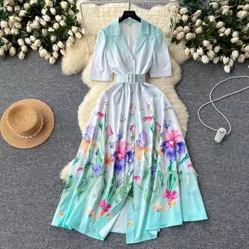 Летние каникулы, градиентное зеленое платье-рубашка с цветочным принтом, женское льняное платье с коротким рукавом и зубчатыми пуговицами, вечерние длинные платья с поясом S