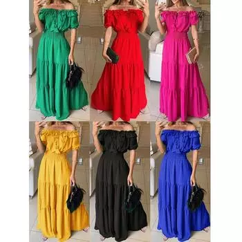 Летние каникулы, тонкое длинное платье с эластичной резинкой на талии, женское элегантное платье с открытыми плечами, большие качели, пляжное платье макси, вечерние халат Femme S красный