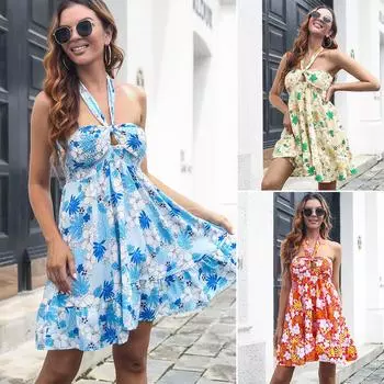 Летние каникулы, женское сексуальное короткое платье без рукавов, модная пляжная одежда, короткая юбка с открытой спиной L абрикосовый