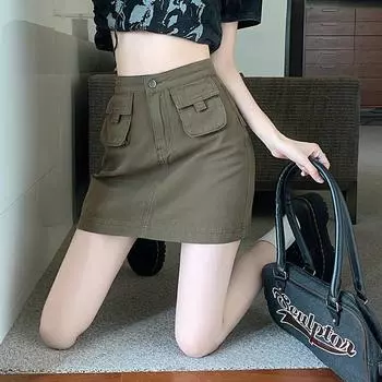 Летние карманы на молнии кюлоты женские сексуальные юбки с высокой талией и бедрами, короткая юбка A Word S армия зеленый