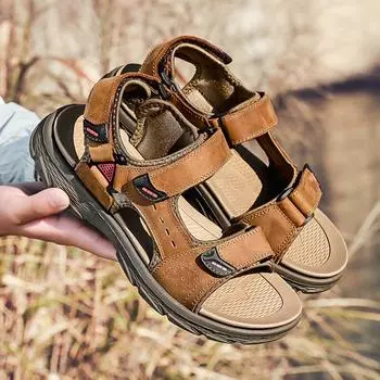 Летние классические коричневые пляжные сандалии из натуральной кожи для мужчин, легкие повседневные кроссовки в римском стиле, мужские мягкие пляжные туфли для отдыха на открытом воздухе 38 чёрный