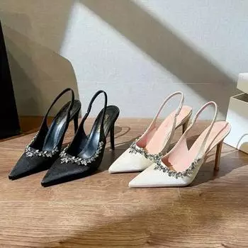 Летние классические туфли цвета шампанского, черные, банкетные, свадебные, сексуальные, со стразами, атласные, с острым носком, босоножки на высоком каблуке для женщин 35 чёрный