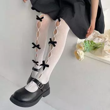 Летние колготки для девочек, винтажные кружевные колготки с бантом, полые колготки Лолиты для девочек, тонкие дышащие чулки для маленьких девочек M