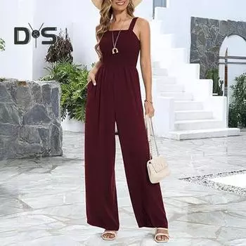 Летние комбинезоны без рукавов для женщин с высокой талией, широкие брюки, комбинезон с карманами, квадратный вырез, цельный свободный комбинезон S темно-синий