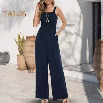 Летние комбинезоны без рукавов для женщин с высокой талией, широкие брюки, комбинезон с карманами, квадратный вырез, цельный свободный комбинезон M темно-красного