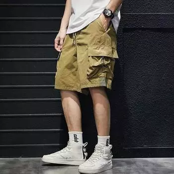 Летние комбинезоны, брюки, мужские свободные модные бренды, уличные повседневные укороченные брюки больших размеров, мужские тонкие 5 модных брюк с избыточным весом M хаки