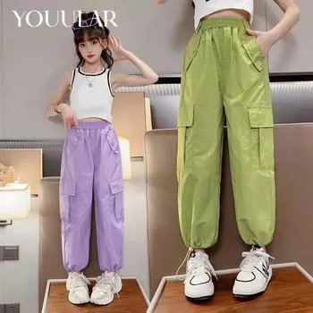 Летние комбинезоны для девочек, новинка 2024 года, детские дышащие штаны для детей среднего и большого размера, свободные спортивные штаны, широкие брюки 120