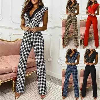 Летние комбинезоны женские элегантные офисные женские комбинезоны на пуговицах модные повседневные широкие брюки с принтом «гусиные лапки» комбинезоны S жёлтый