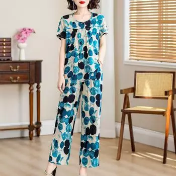 Летние комплекты брюк с широкими штанинами больших размеров, женские свободные элегантные свободные наряды для женщин, комплект из 2 предметов XL