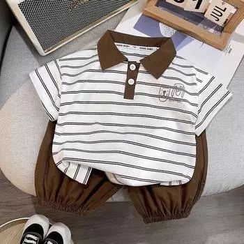 Летние комплекты детской одежды, повседневные новые полосатые рубашки-поло для мальчиков + шорты, комплект из двух предметов: топ + шорты, хлопок 4-5 Years коричневый