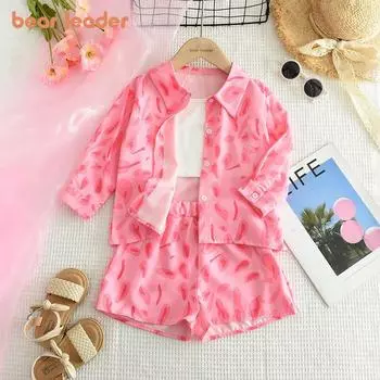 Летние комплекты для девочек с леопардовым принтом Bear Leader, розовое пальто с длинными рукавами + жилет на бретельках + шорты, костюм из 3 предметов, модная детская одежда AZ4393 3T