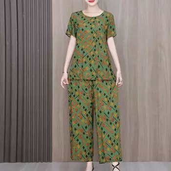 Летние комплекты для женщин из 2 предметов, большие размеры, элегантные широкие брюки, повседневная одежда для женщин среднего возраста XL