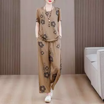 Летние комплекты для женщин, комплект из 2 предметов, большие размеры, свободные элегантные брюки с высокой талией, винтажная женская одежда среднего возраста XL